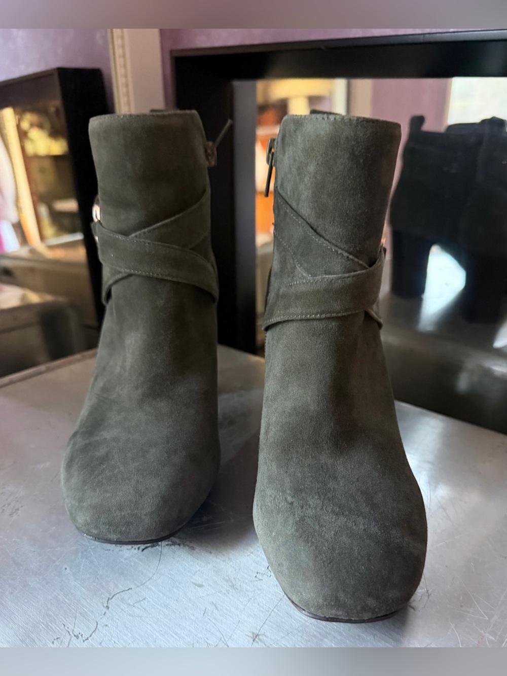 Giani Bernini Olive Suede Ankle Booties with Wrap Strap